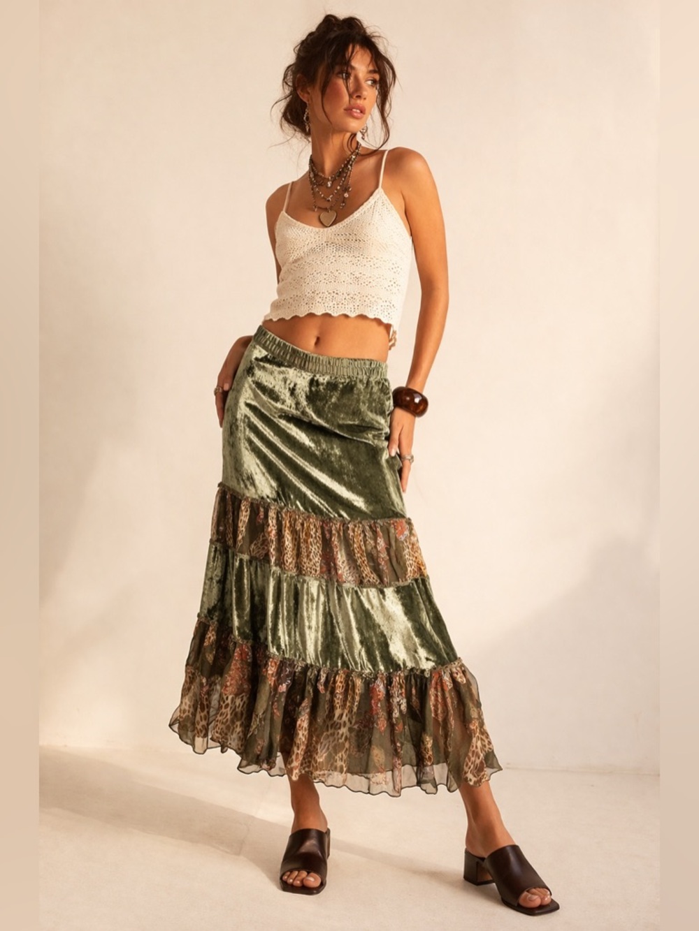 Y2K Fairy Grunge Velvet Mermaid Cut Tiered Maxi Skirt Ruffle Sheer Panels Sz L